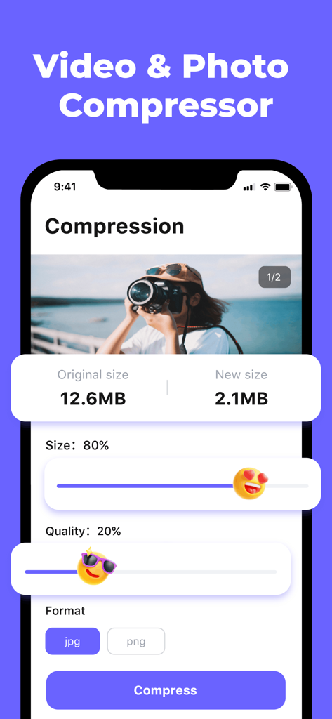 Unzip - Zip Files Extractor - Mobile app interface showing photo compression reducing a 12.6MB image to 2.1MB with adjustable size and quality sliders