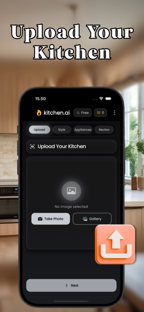 AI Kitchen Designer & Budget - Ein Bildschirm einer mobilen App zum Hochladen eines Küchenfotos, um ein KI-Designprojekt zu starten, mit Optionen für Foto aufnehmen und Galerie.