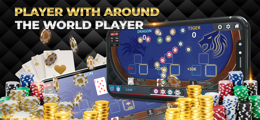 Dragon Tiger Online Casino - Pantalla móvil mostrando el juego de cartas Dragon Tiger con fichas de casino y cartas