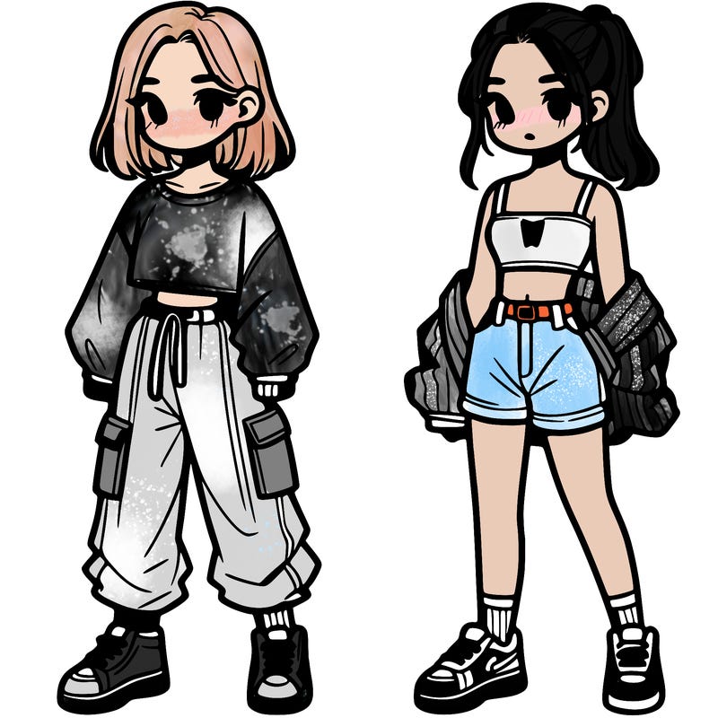 a girl with baggy shirt cargo pants and a girl wearing a crop top with shorts.