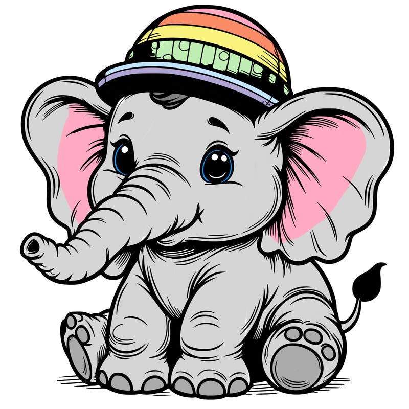 a baby elephant with huge heats and a little hat realistic