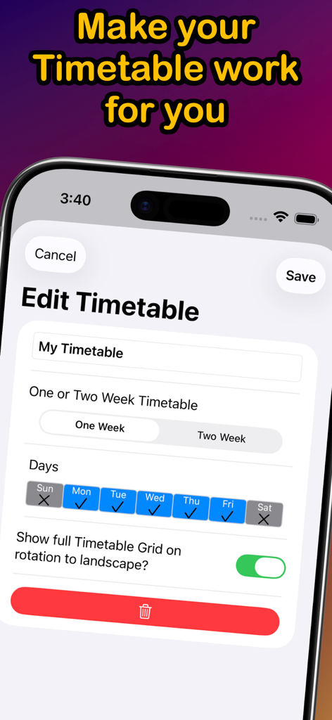 School Timetable Pro Schedule - User interface for editing a school timetable including options for one or two week cycles and active days.
