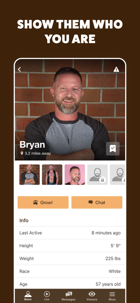 Una pantalla de perfil de usuario en la aplicación GROWLR que muestra la foto de un hombre y detalles personales como altura y peso
