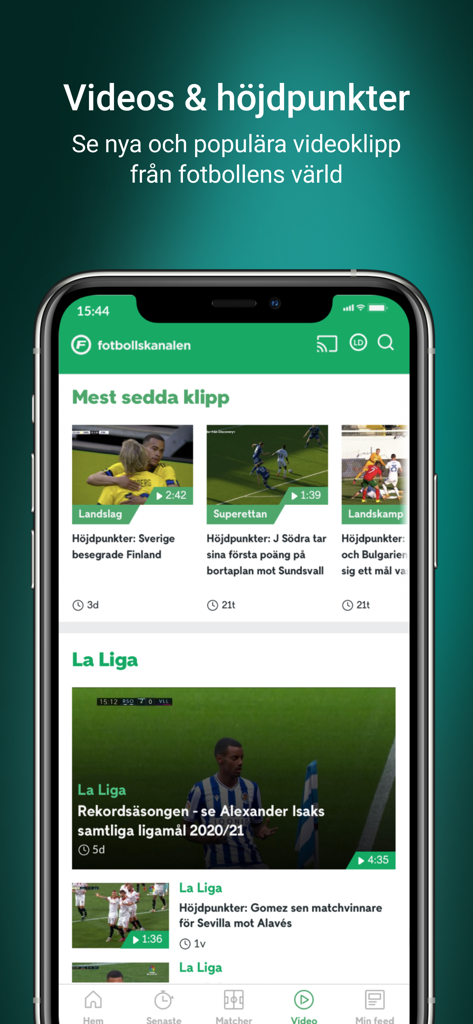 Fotbollskanalen - Interfaz de la aplicación móvil de Fotbollskanalen con resúmenes de video de fútbol y clips de partidos populares