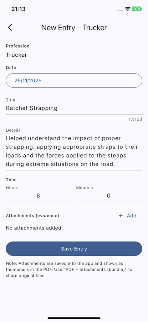 CPD Progress Tracker - A new entry form in the CPD Progress Tracker app for a trucker logging a training session on ratchet strapping