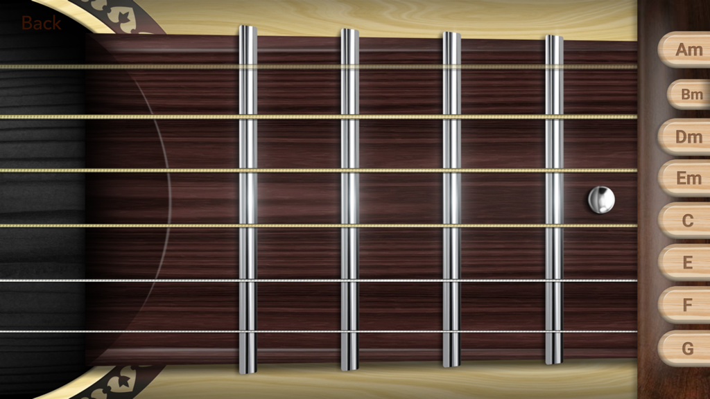 Real Guitar - Electronic Guitar - Mobile screen showing a virtual guitar fretboard with chord buttons on the side