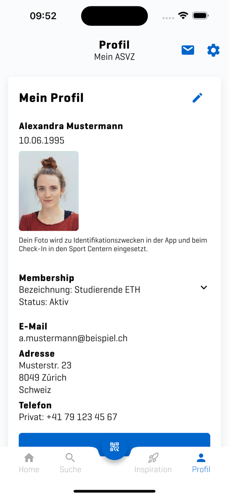 ASVZ - ASVZ app user profile page displaying personal details and membership status