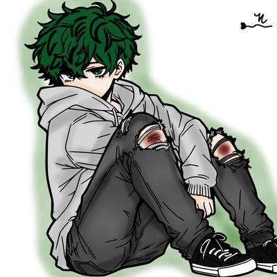 a male hoddie ripped jeans messy hair anime