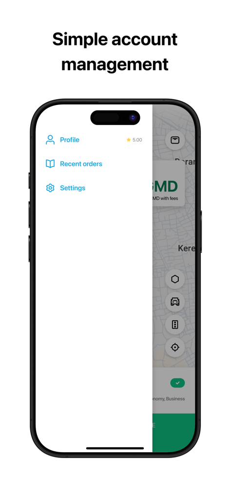 Gamride Driver - Une capture d'écran de l'application mobile Gamride Driver affichant un menu avec des options pour Profil, Commandes récentes et Paramètres sur un fond de carte.