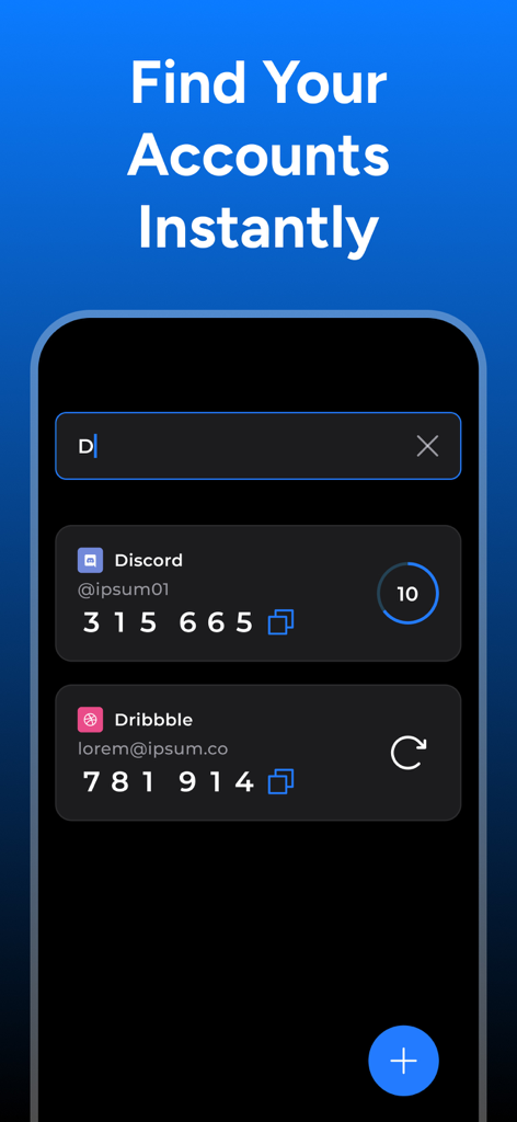 MFA 인증 앱 인터페이스에 Discord 및 Dribbble 계정에 대한 2FA 코드가 표시됩니다.