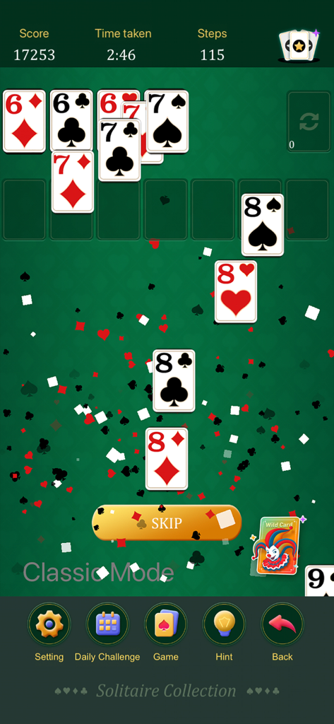 Classic Solitaire Collection! - Pantalla de juego de Classic Solitaire Collection que muestra cartas cayendo en modo clásico con estadísticas de puntuación y tiempo