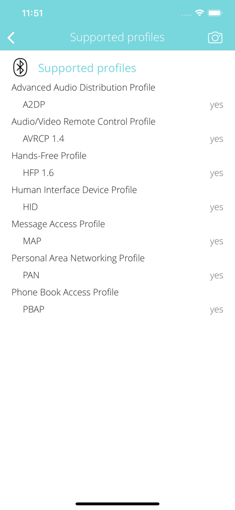 Lista de perfiles Bluetooth compatibles en la aplicación Información de Bluetooth, incluidos A2DP y AVRCP.