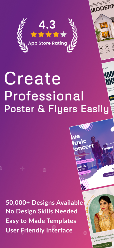 AI Flyer Maker + Poster Maker - AI Flyer Maker and Poster Maker app screen featuring professional design templates and a 4.3 App Store rating