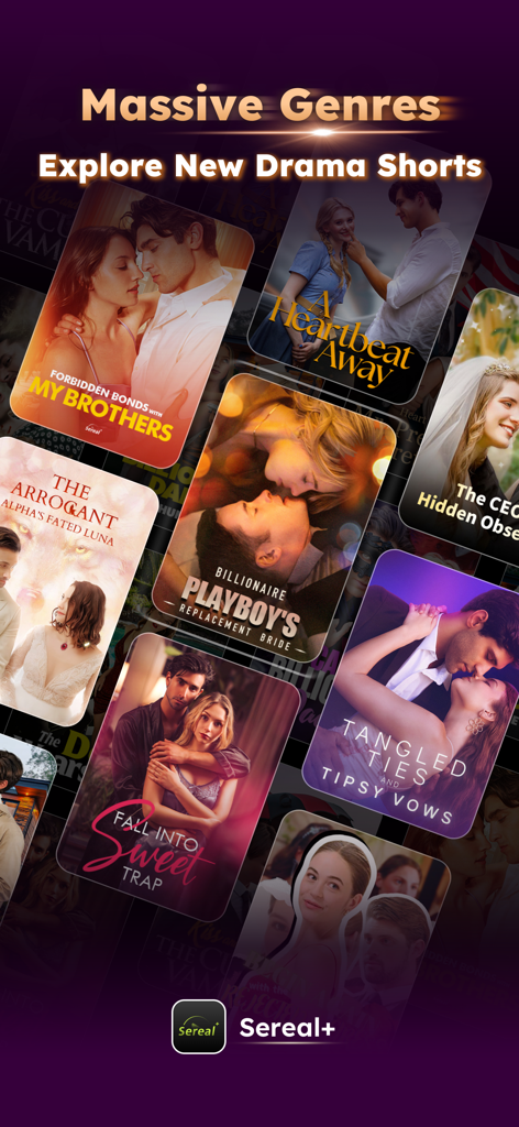 A collection of short drama series posters on the Sereal+ app including romance and billionaire themes.
