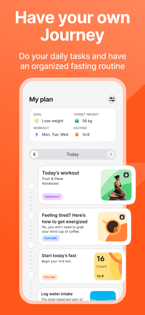Interfaz de la aplicación Fitself que muestra el panel del plan diario con consejos de entrenamiento, ayuno y salud