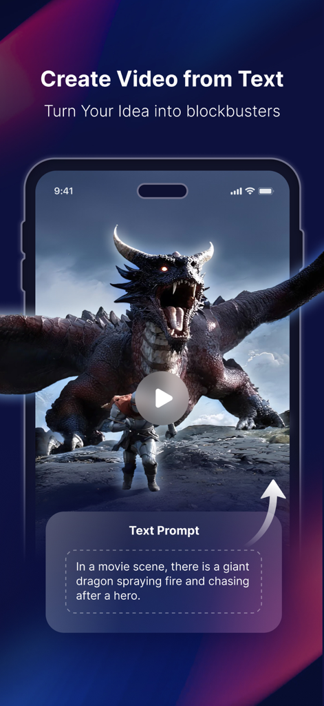 DeeVid - AI Video Generator - DeeVid App-Oberfläche, die die Text-zu-Video-Generierung mit einer filmischen Drachenszene demonstriert