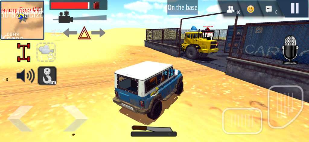 Offroad Simulator Online - Gameplay of Offroad Simulator Online showing a blue SUV driving on desert terrain near a base.