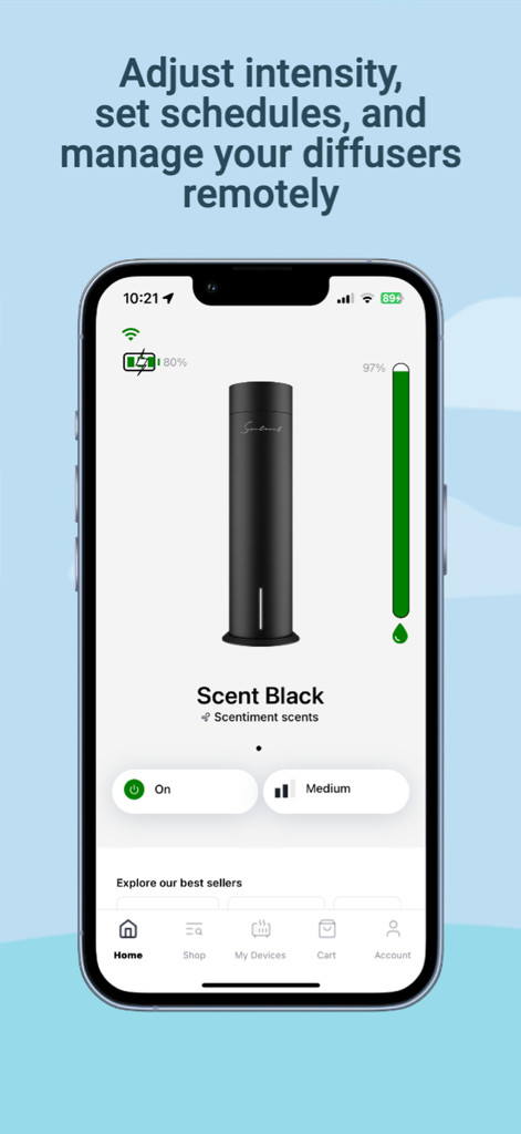 Scentiment 1.0 - Scentiment app dashboard showing remote controls for a smart diffuser including power status fragrance intensity and battery levels