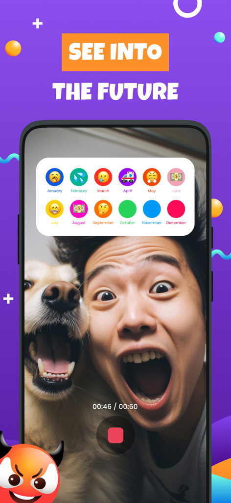 Emoji Craze: Funfest Filters - A man and his dog using the see into the future filter challenge in the Emoji Craze app