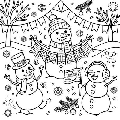 Embrace the spirit of love and inclusivity with this delightful coloring page featuring traditional snowmen celebrating Pride Month. Discover a joyful winter wonderland adorned with festive symbols of unity.