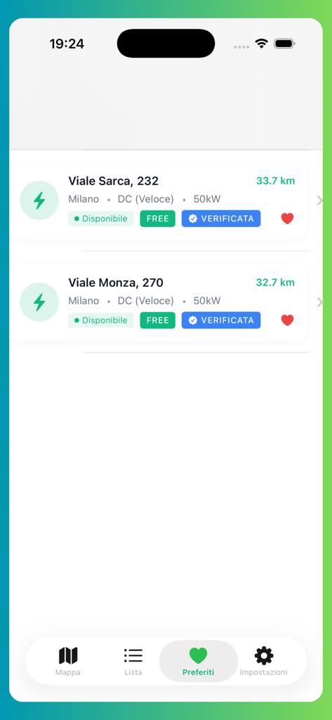 Free Charging Stations - Liste der gespeicherten bevorzugten Elektroauto-Ladestationen in Mailand mit Status und Entfernung