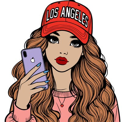 realistic beautiful girl wearing los ángeles cap holding an iphone