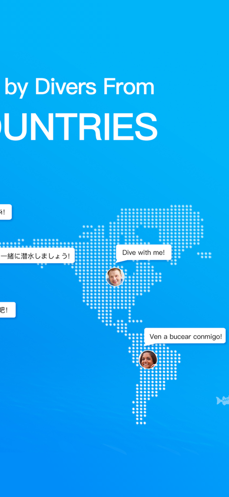 Dive+ World's Diving Community - Un mapa mundial mostrando diversos buceadores de todo el mundo invitando a otros a bucear con ellos en varios idiomas.