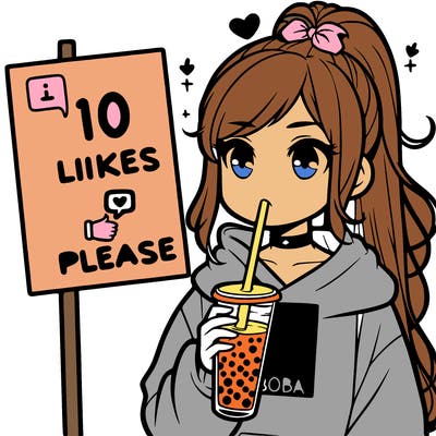 girl with a high ponytail and a hoodie drinking boba staring at a sign saying 10 likes please