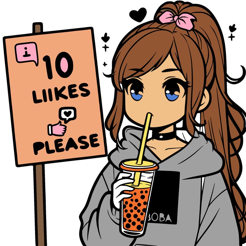 girl with a high ponytail and a hoodie drinking boba staring at a sign saying 10 likes please
