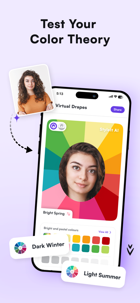 Smartphone screen displaying the virtual color draping feature of StyleIt AI app to identify seasonal color palettes.