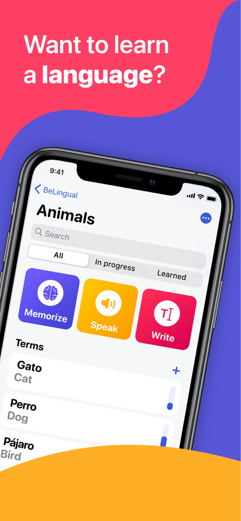 BeLingual - Language Learning - BeLingual mobile app interface showing animal vocabulary and study modes like memorize speak and write