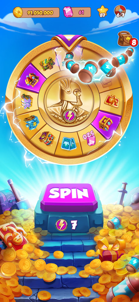 Coin Master - Écran de jeu Coin Master montrant la roue dorée de la machine à sous et un bouton de lancement violet au-dessus de piles de pièces d'or