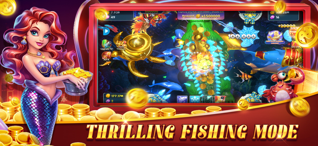 Fishing Frenzy: Sea World - Arcade fishing gameplay with a mermaid and golden coin rewards