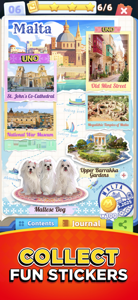 Una pantalla de colección de pegatinas en el juego móvil UNO Wonder con lugares de interés de Malta y perros malteses.