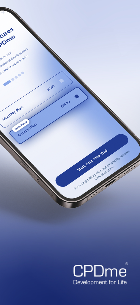 CPD Portfolio - CPD Portfolio app subscription page showing monthly and annual membership pricing plans