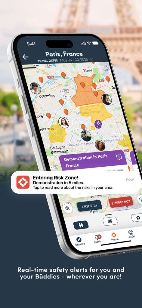 OZZI - Global Personal Safety - OZZI App-Bildschirm zeigt Risikozonen-Karten und Echtzeit-Sicherheitswarnungen für Reisende