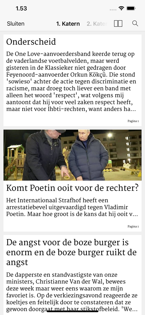 Flux de nouvelles numériques de l'application de Volkskrant Krant affichant les titres et les articles en néerlandais.