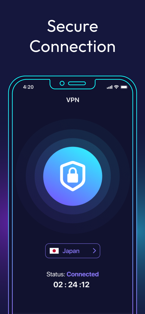 Interfaz de conexión VPN segura que muestra un estado conectado y un ícono de escudo