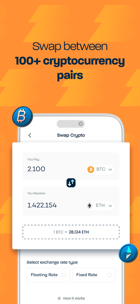 Breet mobile app interface for swapping between over 100 cryptocurrency pairs like Bitcoin and Ethereum