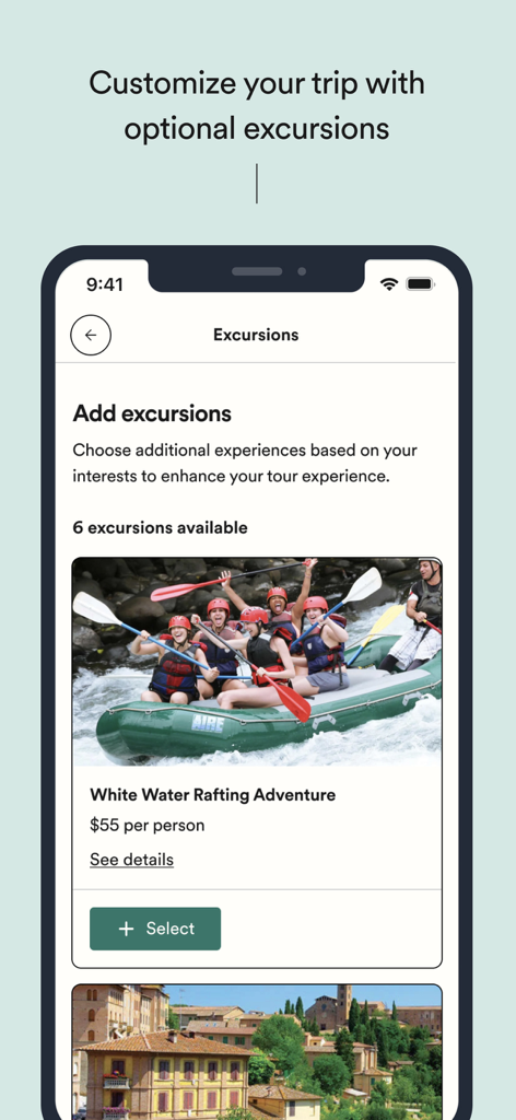 Mobile app screen for booking travel excursions like white water rafting