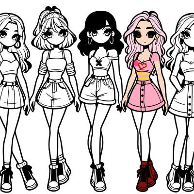 5 girls in crop tops and skirts