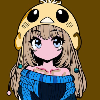 anime girl with chick shaped hat with sweater with bare shoulders with bangs covering them one eye with low tail