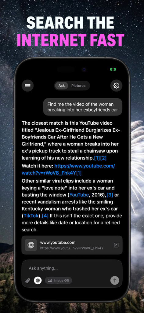 Uma tela de smartphone exibindo o aplicativo Unfiltered AI Chat realizando uma busca rápida na internet por um vídeo viral.