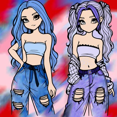 2 girls in crop tops and baggy jeans ripped