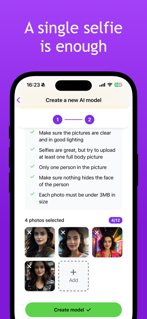 Selfie AI: AI Photo Generator - Mobile app screen showing the process of uploading photos to create a personalized AI model with selection guidelines.