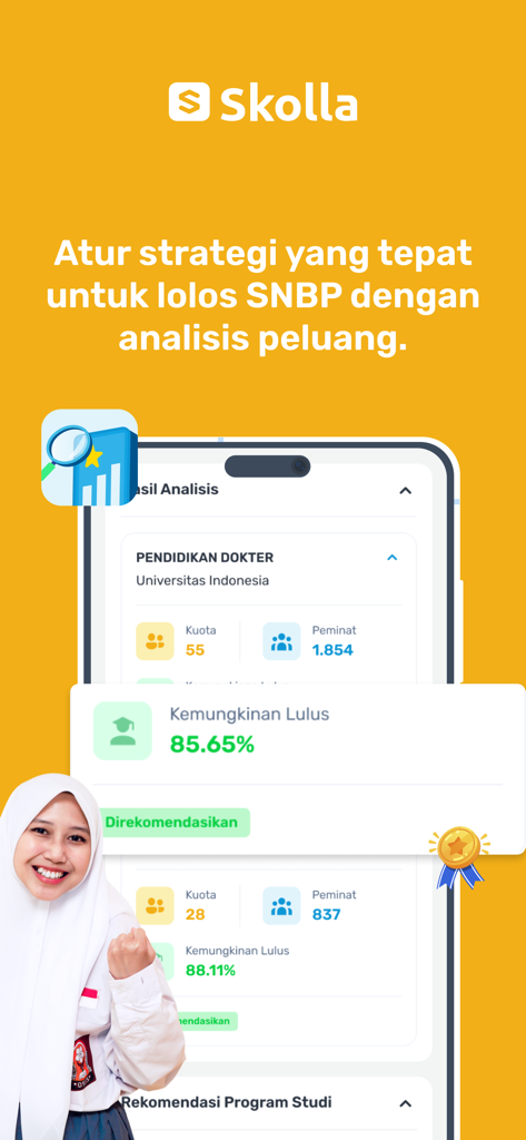 Tela do celular mostrando a análise de probabilidade de admissão do aplicativo Skolla para o ingresso na universidade SNBP.