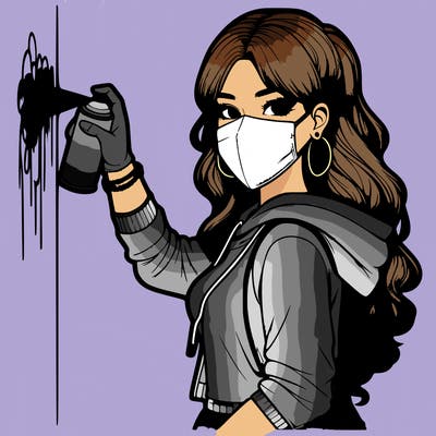 realistic girl with mask spray painting a wall