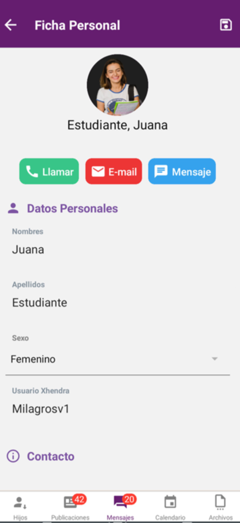 Xhendra mobile app screenshot showing a student personal profile page with contact buttons and demographic information