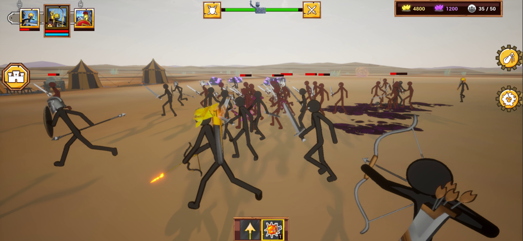 A 3D stickman army battle scene in a desert setting with archers and warriors in Stick Infinite Kingdom.