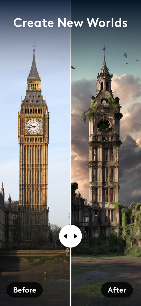 Vorher-Nachher-Vergleich, der zeigt, wie Big Ben mit Photoleap AI in postapokalyptische Ruinen verwandelt wurde